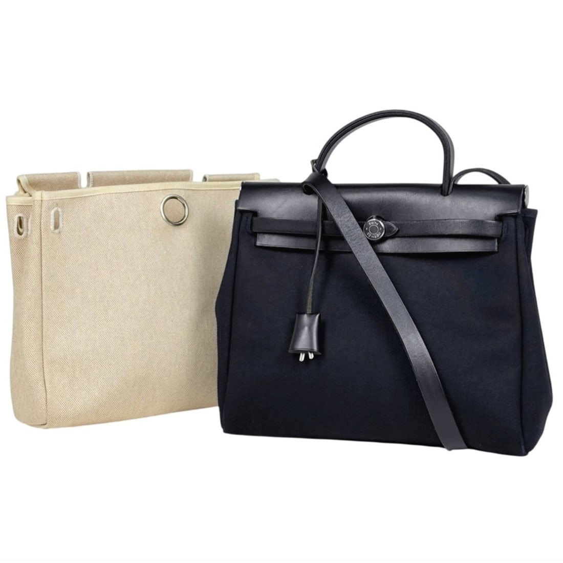 Hermes Herbag PM 2-way Shoulder Bag/Handbag, Toile Officier, Black/Natural, ?D, Women's (1 of 13)