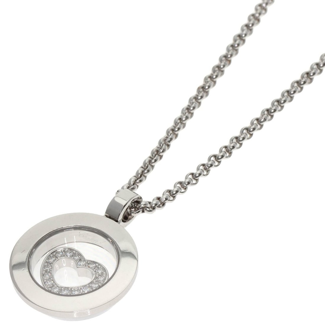 Chopard Happy Diamonds Necklace 18K White Gold Women's: --- Catalog ---Category: SizeWeight: 16.8g / 0.59oz.Pendant Size: 22.5mm x 17mm / 0.88'' x 0.66''Neck Circumference: 42 cm / 16.53''Category: DesignMetal: White GoldStone: DiamondGender: WomenMetal Pu
