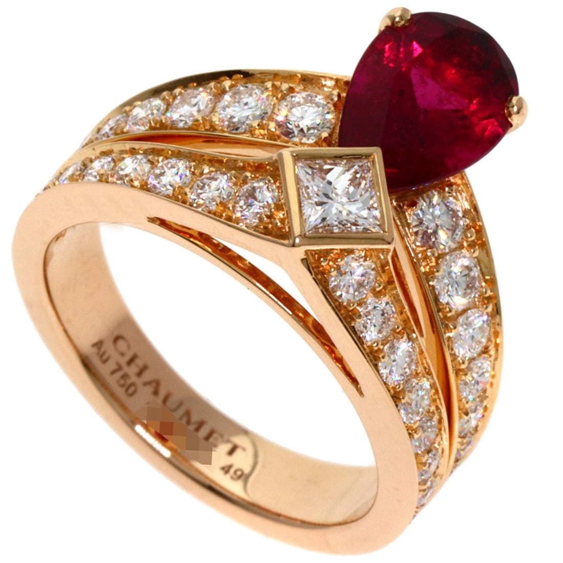 Chaumet Josephine Rubellite Diamond Ring #49 18K Pink Gold Women's: --- Catalog ---Category: SizeUS Size: 5Brand Size: 49Category: DesignType: Band ringColor: Pink goldStone: DiamondGender: WomenMaterial: Pink gold (18K)Category: GeneralBrand: Chaumet--- Item List ---