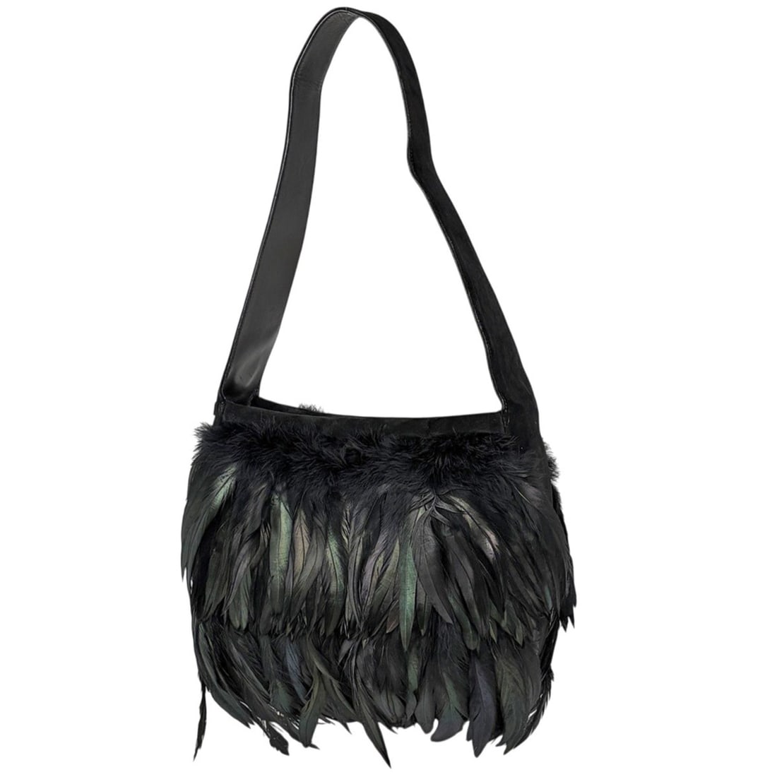 Salvatore Ferragamo Gancini Shoulder Bag, Feather Design, Suede, Black/Green, 7732, Women's: --- Catalog ---Category: SizeSize (HxWxD): 20cm x 24cm x 7cm / 7.87'' x 9.44'' x 2.75''Category: DesignType: Shoulder bagColor: Black, GreenGender: WomenMaterial: Suede Category: GeneralMPN: 7732Brand