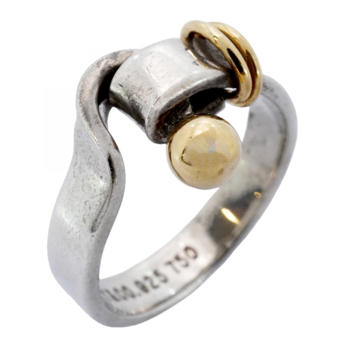 Tiffany & Co. Hook Eye Ring, 18K Yellow Gold (KYG), Sterling Silver 925, Size 9.5 (Women's): --- Catalog ---Category: SizeJP Size: 9.5US Size: 5Category: DesignType: Band ringGender: WomenMaterial: Silver 925, Yellow gold (18K)Category: GeneralBrand: Tiffany--- Item List ---Section: Condition