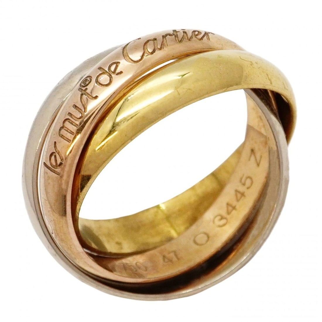 Cartier Trinity Classic Ring, available in 18K Yellow Gold, White and Pink size #47 (Women's).: --- Catalog ---Category: SizeUS Size: 4Brand Size: 47Category: DesignType: Band ringGender: WomenMaterial: Pink gold (18K), White gold (18K), Yellow gold (18K)Category: GeneralBrand: Cartier--- Item L