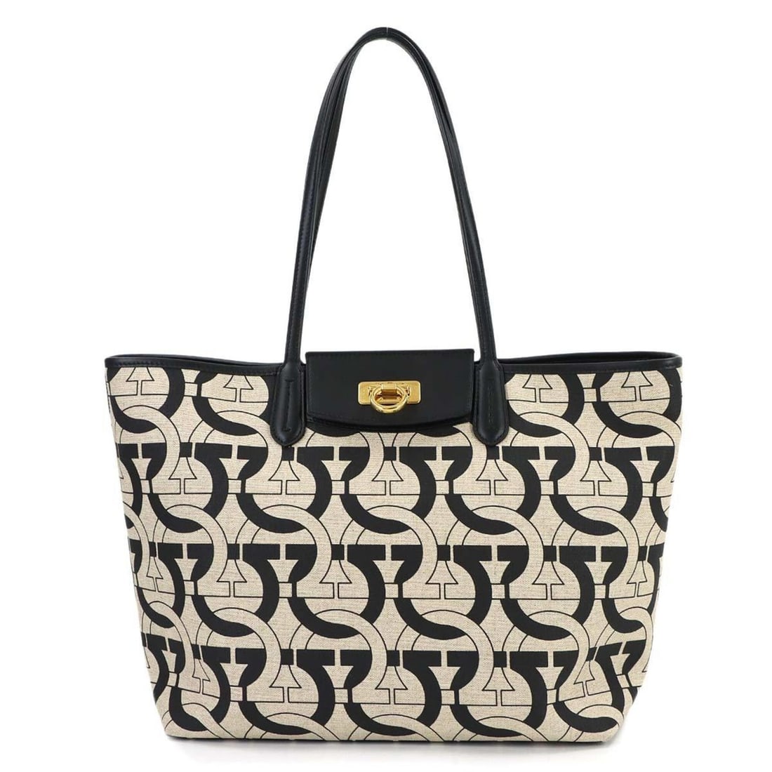 Salvatore Ferragamo Gancini Tote Handbag, Canvas and Leather, Beige Black.: --- Catalog ---Category: SizeSize (HxWxD): 16cm x 30cm x 15cm / 6.29'' x 11.81'' x 5.9''Category: DesignType: Handbag, Pouch, Tote bagColor: Beige, BlackGender: WomenMaterial: Canvas , Leather Categor