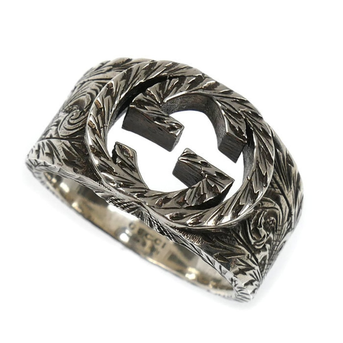 GUCCI Sterling Silver 925 Interlocking G Arabesque Ring (455302 J8400 0811, 12.4g, Men's): --- Catalog ---Category: SizeUS Size: 10Brand Size: 60Category: DesignType: Band ringColor: SilverGender: MenMaterial: Silver 925Category: GeneralMPN: 455302 J8400 0811Brand: GucciCountry of Origin: I