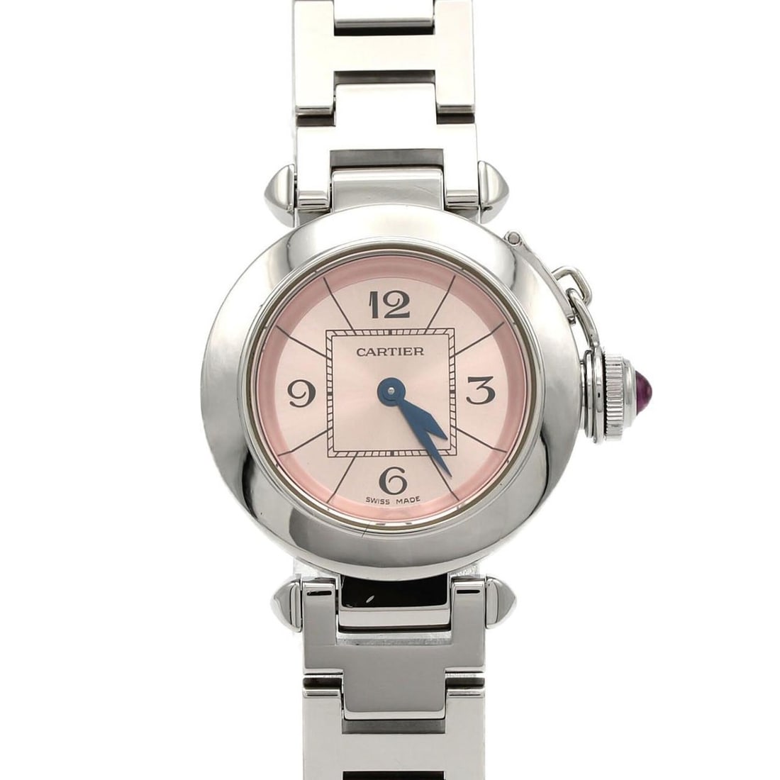Cartier Miss Pasha W3140008 SS Quartz Watch: --- Catalog ---Category: SizeWrist Size: 14.5cm / 5.7''Case Diameter: 27mm / 1.06''Category: DesignType: WristwatchGender: WomenColor (Dial): PinkMaterial (Band): Stainless steelMaterial (Case): Stain