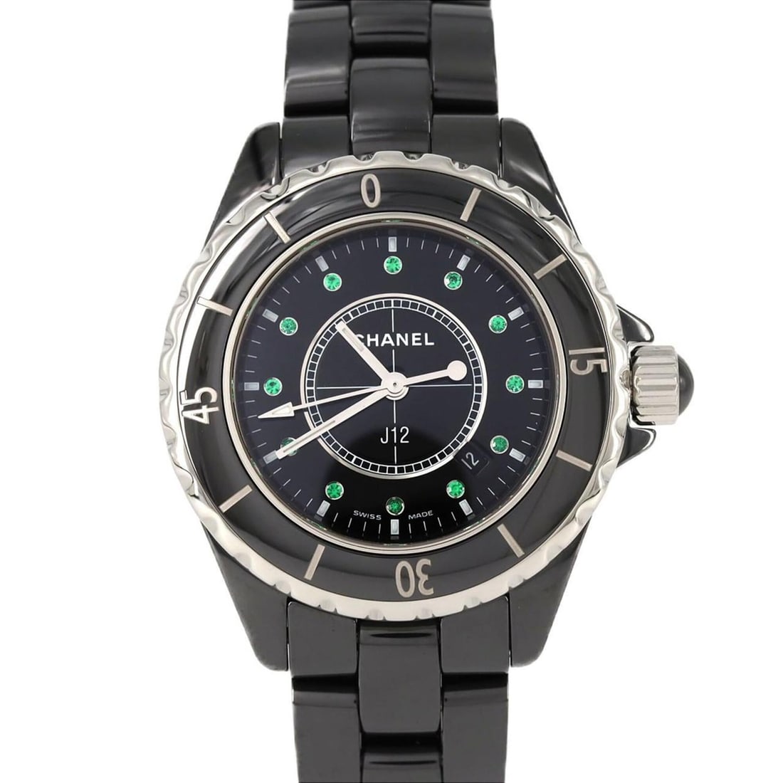 Chanel J12 33mm Ceramic 12P Emerald H2130 Quartz Watch: --- Catalog ---Category: SizeWrist Size: 16cm / 6.29''Case Diameter: 33mm / 1.3''Category: DesignType: WristwatchGender: WomenColor (Dial): BlackMaterial (Band): CeramicMaterial (Case): CeramicCategor