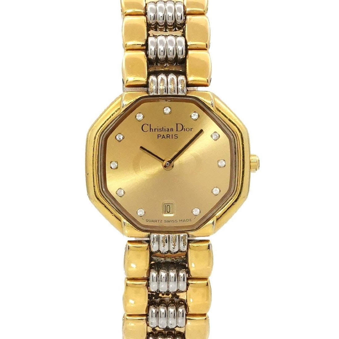 Christian Dior Octagon D48-133 Ladies' Watch, Date, Gold, Quartz Watch: --- Catalog ---Category: SizeWrist Size: 17cm / 6.69''Case Diameter: 25mm / 0.98''Category: DesignType: WristwatchGender: WomenColor (Dial): GoldMaterial (Band): Gold plated, Stainless steelMaterial (