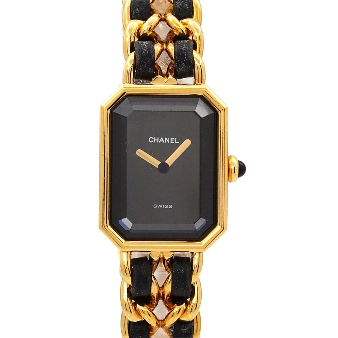 Chanel Premiere Large Size H0001 Women's Watch Black Gold Quartz: --- Catalog ---Category: SizeWrist Size: 16.5cm / 6.49''Case Diameter: 20mm / 0.79''Category: DesignType: WristwatchGender: WomenColor (Dial): BlackMaterial (Band): Gold plated, Leather, Stainless ste