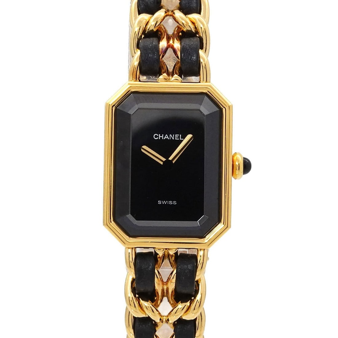 Chanel Premiere Large Size H0001 Women's Watch Black Gold Quartz: --- Catalog ---Category: SizeWrist Size: 16.5cm / 6.49''Case Diameter: 20mm / 0.79''Category: DesignType: WristwatchGender: WomenColor (Dial): BlackMaterial (Band): Gold plated, Leather, Stainless ste
