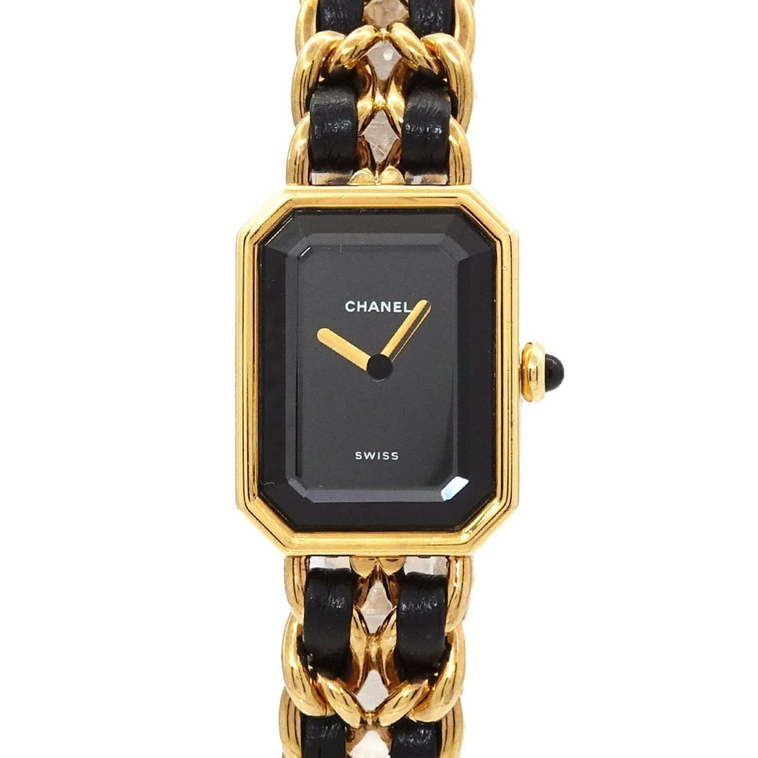Chanel Premiere Large Size H0001 Women's Watch Black Gold Quartz: --- Catalog ---Category: SizeWrist Size: 16.5cm / 6.49''Case Diameter: 20mm / 0.79''Category: DesignType: WristwatchGender: WomenColor (Dial): BlackMaterial (Band): Gold plated, Leather, Stainless ste