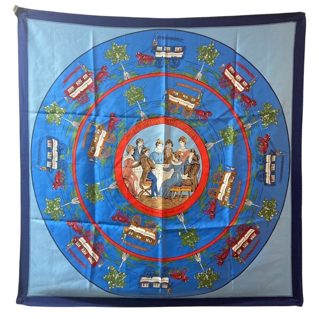 HERMES Carre 90 JEU DES OMNIBUS ET DAMES BLANCHES (The Game of Omnibus and White Ladies): --- Catalog ---Category: SizeSize (LxW): 90cm x 87cm / 35.43'' x 34.25''Category: DesignType: ScarfColor: BlueGender: WomenCategory: GeneralBrand: Hermes--- Item List ---Section: ConditionRanking: Ran