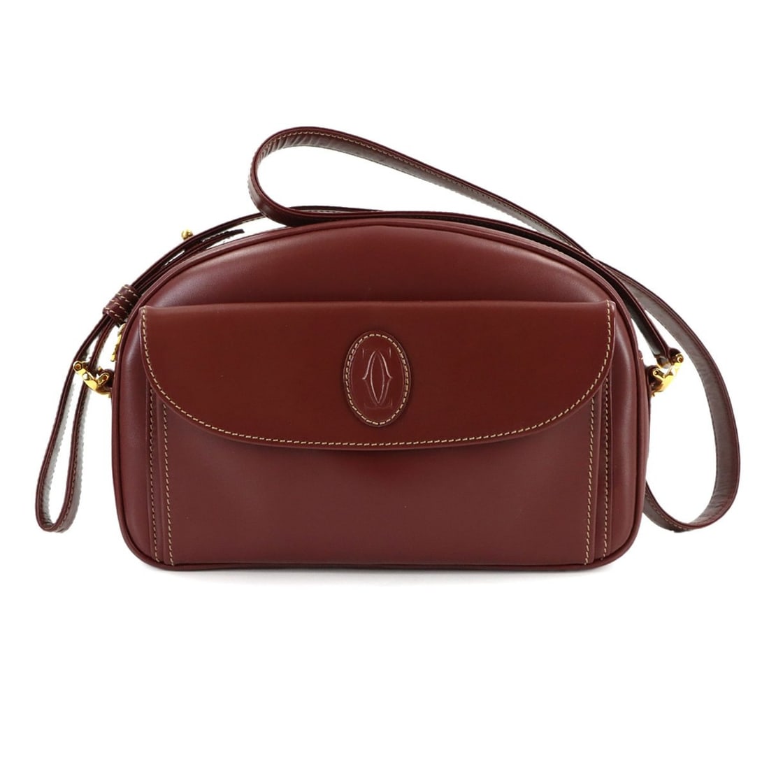 Cartier Must Line Shoulder Handbag, Leather, Bordeaux, Gold Hardware: --- Catalog ---Category: SizeWeight: 335g / 11.81oz.Size (HxWxD): 15.5cm x 23cm x 4.5cm / 6.1'' x 9.05'' x 1.77''Strap Length: 66cm - 118cm / 25.98'' - 46.45''Category: DesignType: Handbag, Shoulder b