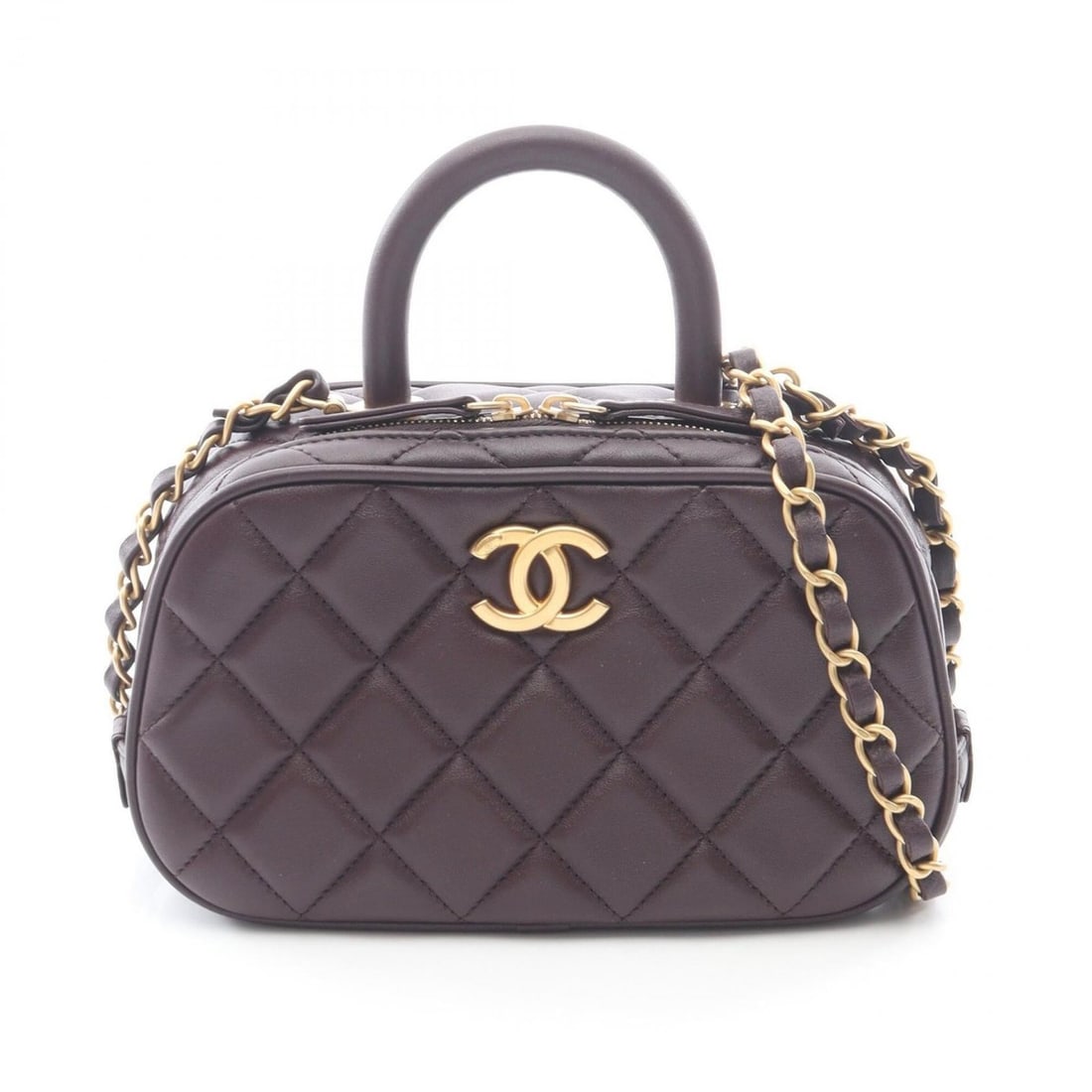 Chanel Matelassé Mini Bowling 2-Way Shoulder Bag/Handbag, Lambskin Leather, Women's, Brown, AS5572: --- Catalog ---Category: SizeSize (HxWxD): 11.5cm x 20cm x 9cm / 4.52'' x 7.87'' x 3.54''Category: DesignType: Handbag, Shoulder bagColor: BrownGender: WomenMaterial: Leather Leather/Fur Type: Lambski