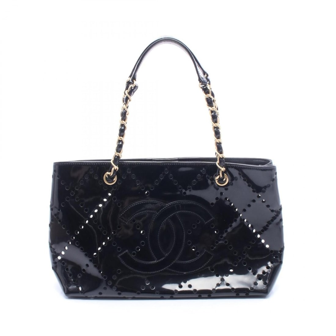 Chanel Coco Mark Perforated Tote Bag Handbag Patent Leather Women's Black: --- Catalog ---Category: SizeSize (HxWxD): 22cm x 32cm x 10cm / 8.66'' x 12.59'' x 3.93''Category: DesignType: Handbag, Tote bagColor: BlackGender: WomenMaterial: Patent leather Category: GeneralBrand
