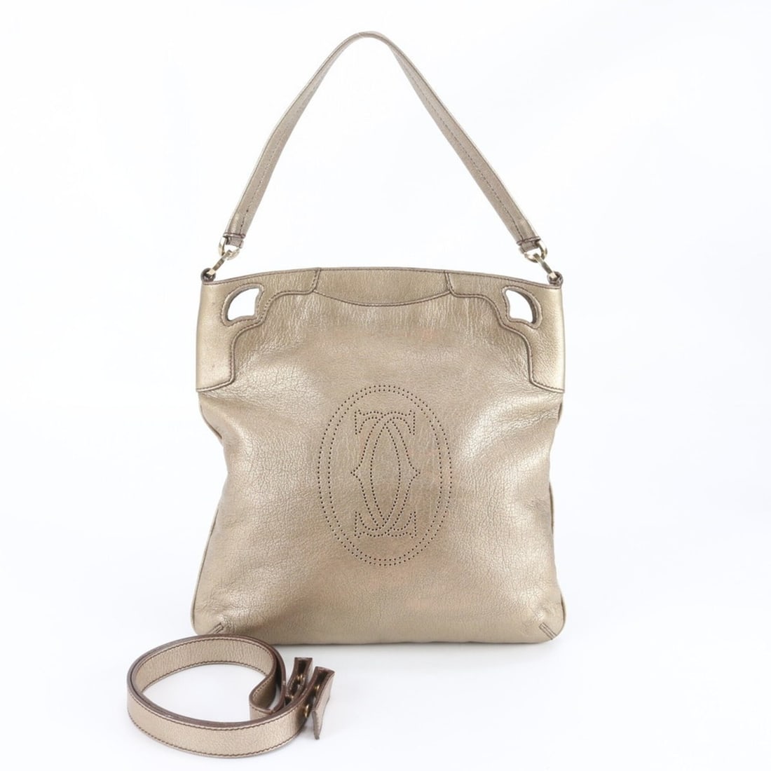 Cartier Marcello de Leather 2-Way Shoulder Bag/Handbag, Gold, Women's: --- Catalog ---Category: SizeStrap Drop: 6cm / 2.36''Size (HxWxD): 36cm x 32cm x 2cm / 14.17'' x 12.59'' x 0.78''Strap Length: 96cm / 37.79''Handle Length: 50cm / 19.68''Category: DesignType: Handbag,