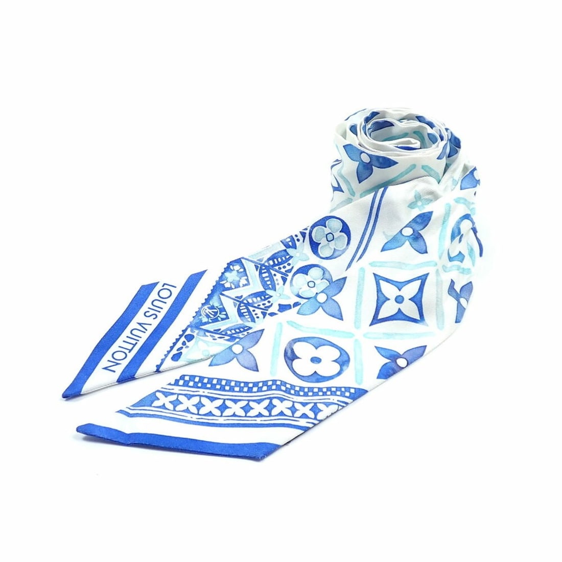 Louis Vuitton Scarf/Muffler, Bandeau BB LV Tiles, Women's, White/Blue Silk, M77206 (1 of 8)