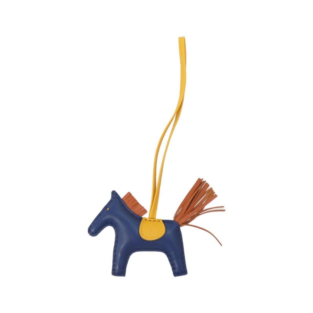 Hermes Rodeo Accessory Bag Charm PM 064929CA: --- Catalog ---Category: SizeChain Length: 370.00mm / 14.57''Size (HxWxD): 75.00mm x 85.00mm / 2.95'' x 3.35''Category: DesignType: Handbag charmColor: Blue, JauneGender: Women,MenMaterial: Agneau Mil