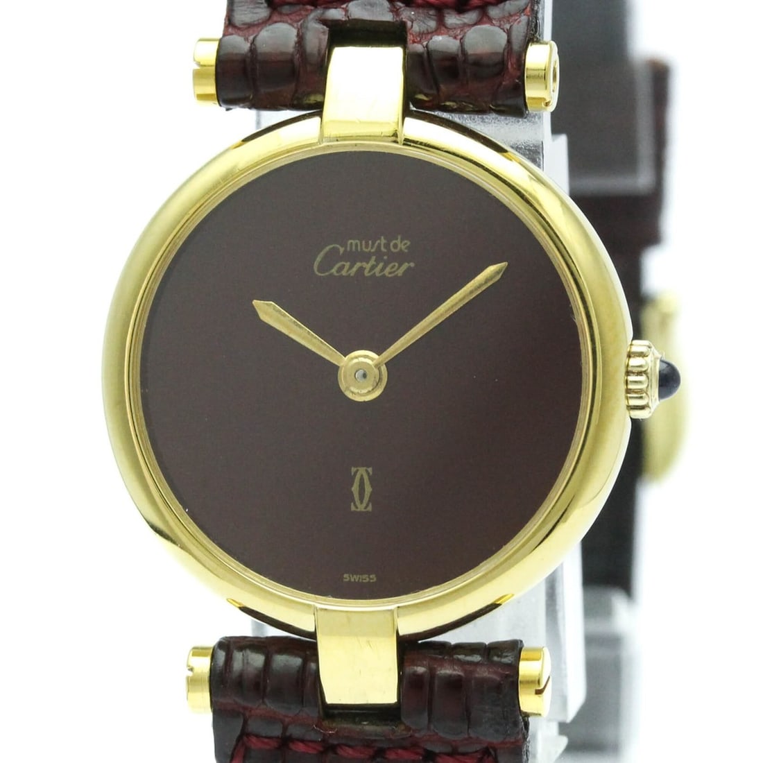CARTIER Must Vendome Vermeil Gold Plated Quartz Ladies Watch: --- Catalog ---Category: SizeCase Diameter: 24mm / 0.94''Category: DesignType: WristwatchStyle: Dress/FormalGender: WomenColor (Dial): BordeauxMaterial (Band): LeatherMaterial (Case): Gold platedCateg