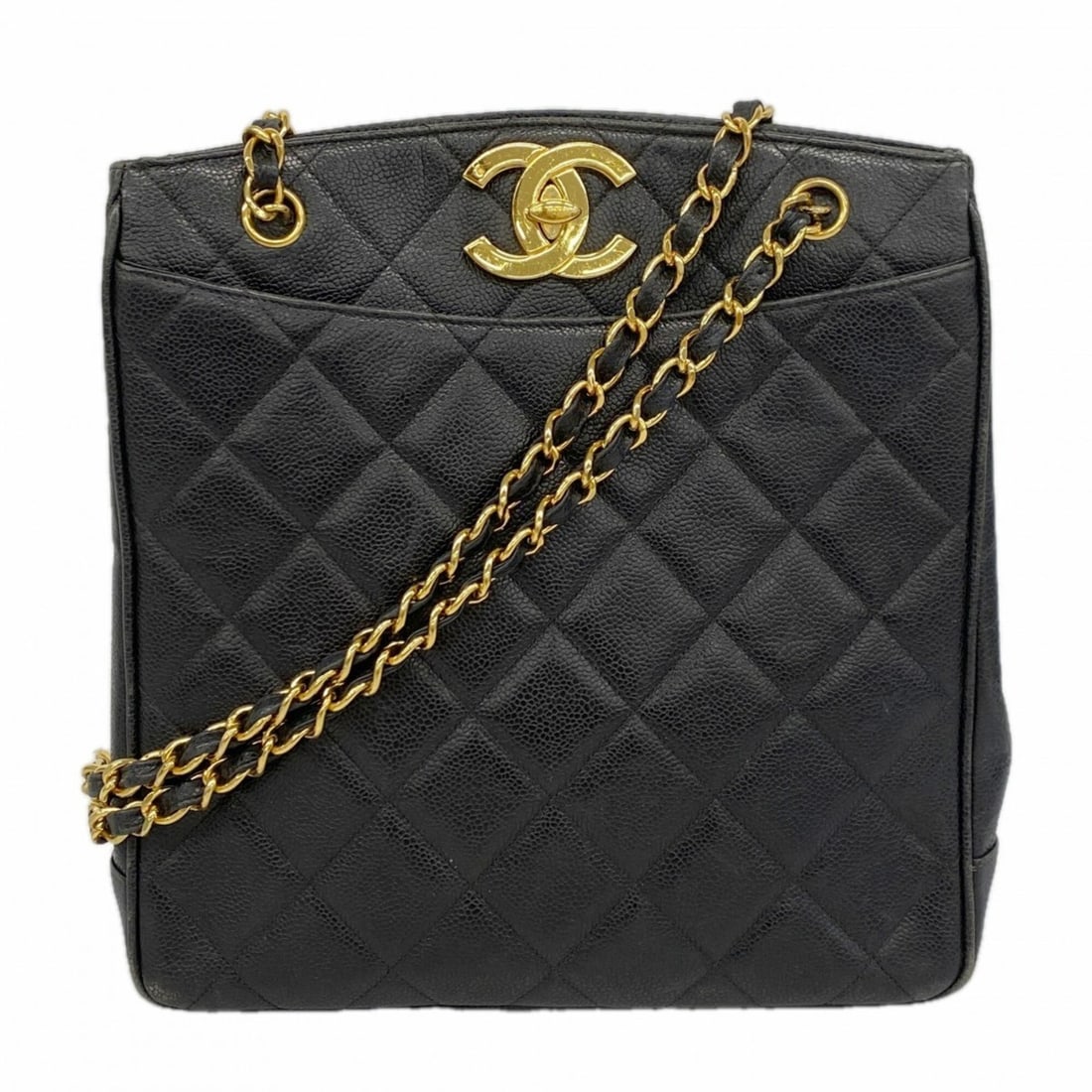 Chanel Tote Bag/Chain Tote, Matelassé Caviar Leather, Black, Women's: --- Catalog ---Category: SizeSize (HxWxD): 30cm x 28cm x 8cm / 11.81'' x 11.02'' x 3.14''Category: DesignType: Tote bagColor: BlackGender: WomenMaterial: Grained Calfskin Hardware Color: GoldCategory:
