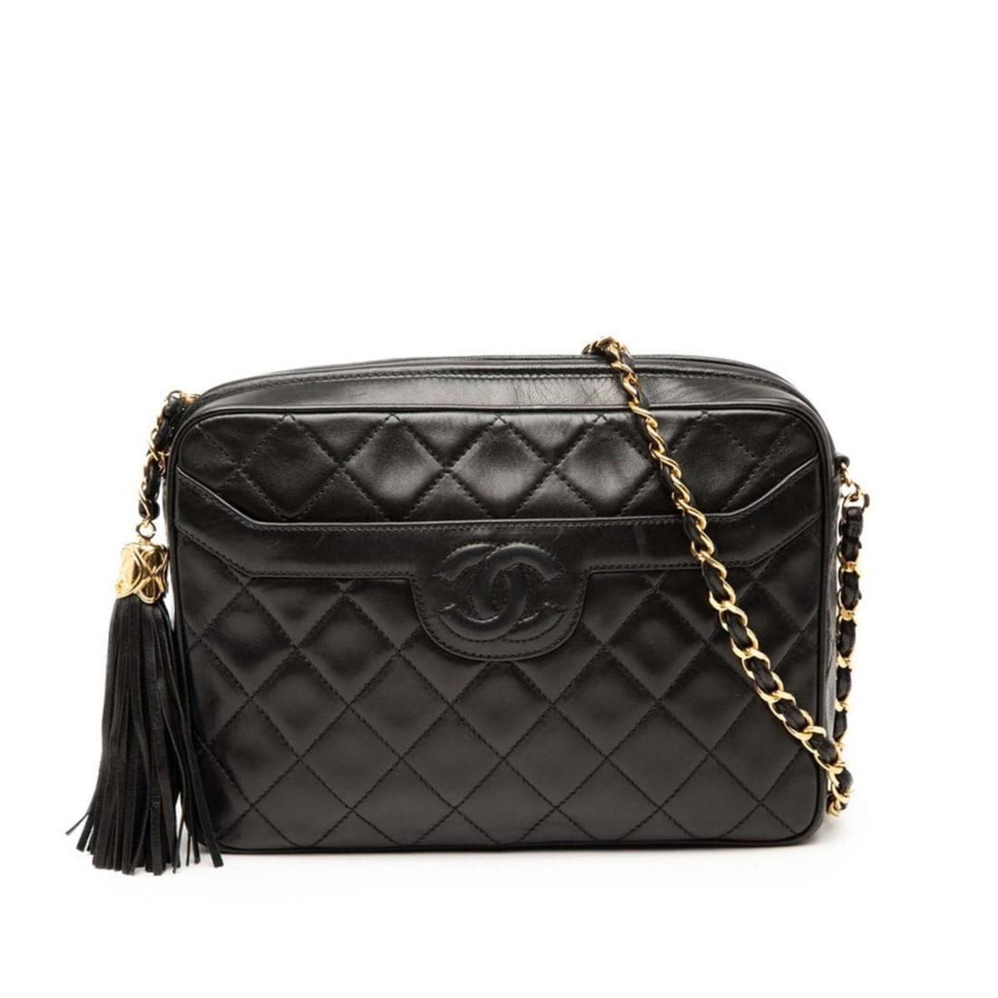Chanel Matelassé Coco Mark Tassel Chain Shoulder Bag, Black Gold Lambskin, Women's CHANEL: --- Catalog ---Category: SizeSize (HxWxD): 16.5cm x 23cm x 6cm / 6.49'' x 9.05'' x 2.36''Category: DesignType: Shoulder bagColor: Black, GoldGender: WomenMaterial: Leather Leather/Fur Type: LambskinCa
