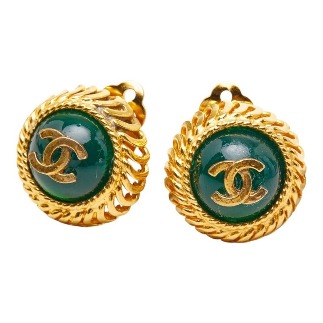 Chanel Coco Mark Vintage Round Earrings, Gold with Green Rhinestones, Plated, Women's.: --- Catalog ---Category: SizeSize (HxWxD): 21.00mm x 22.00mm / 0.83'' x 0.87''Category: DesignType: Clip earringsColor: Gold, GreenGender: WomenMaterial: Gold plating, RhinestoneCategory: GeneralBrand