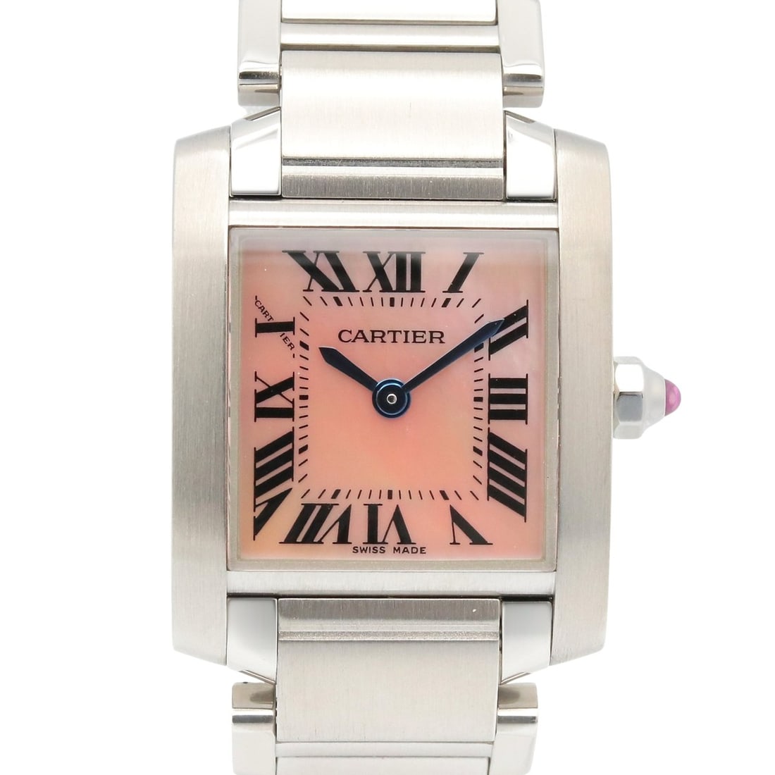 Cartier Tank Française SM Watch, Stainless Steel, Ladies, Pink/Pink Shell, W51028Q3: --- Catalog ---Category: SizeWrist Size: 14cm / 5.51''Case Diameter: 20mm / 0.79''Category: DesignType: WristwatchGender: WomenColor (Dial): Pink, Pink shellMaterial (Band): Stainless steelMaterial (C