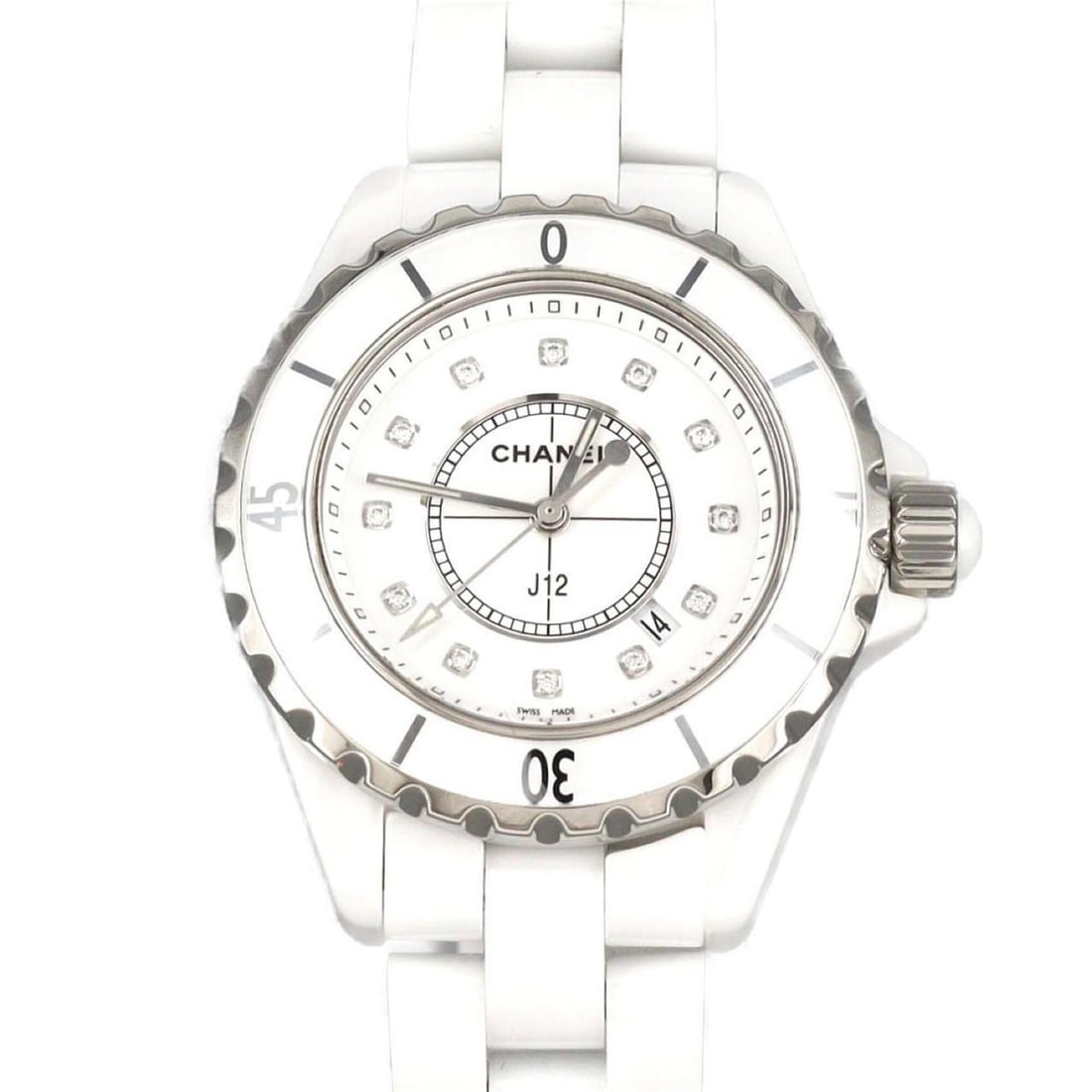 Chanel J12 33mm Ceramic 12P H1628 Quartz Watch: --- Catalog ---Category: SizeWrist Size: 17.5cm / 6.88''Case Diameter: 33mm / 1.3''Category: DesignType: WristwatchGender: WomenColor (Dial): WhiteMaterial (Band): CeramicMaterial (Case): CeramicCateg
