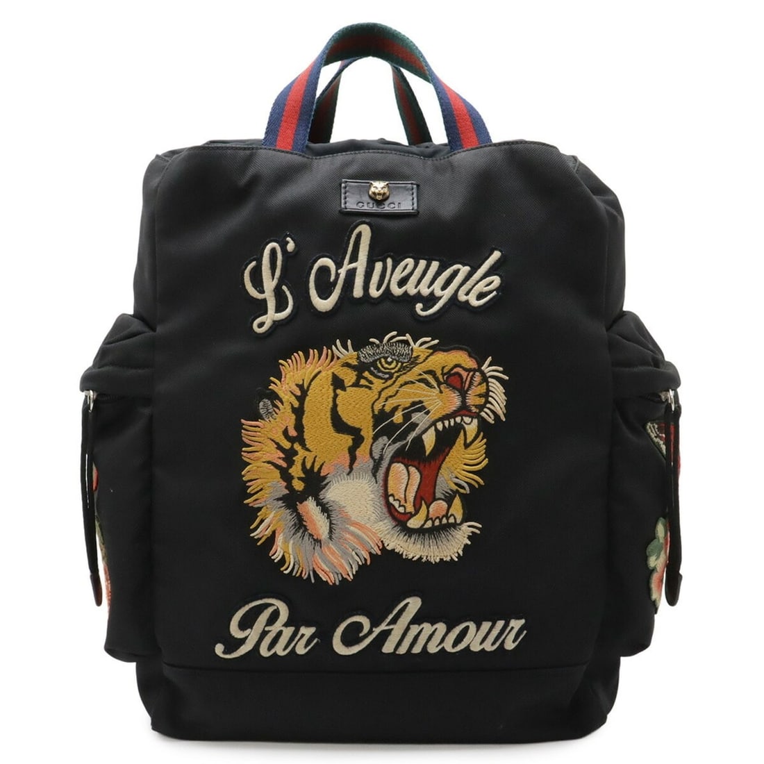 GUCCI Sherry Line Embroidered Backpack with Tiger, Butterfly, and Flower Design, Cat Head, Leather,: --- Catalog ---Category: SizeWeight: 740g / 1.63lb.Size (HxWxD): 49cm x 30.5cm x 13cm / 19.29'' x 12'' x 5.11''Category: DesignType: BackpackColor: Black, Green, Red colorGender: MenMaterial: Canvas ,