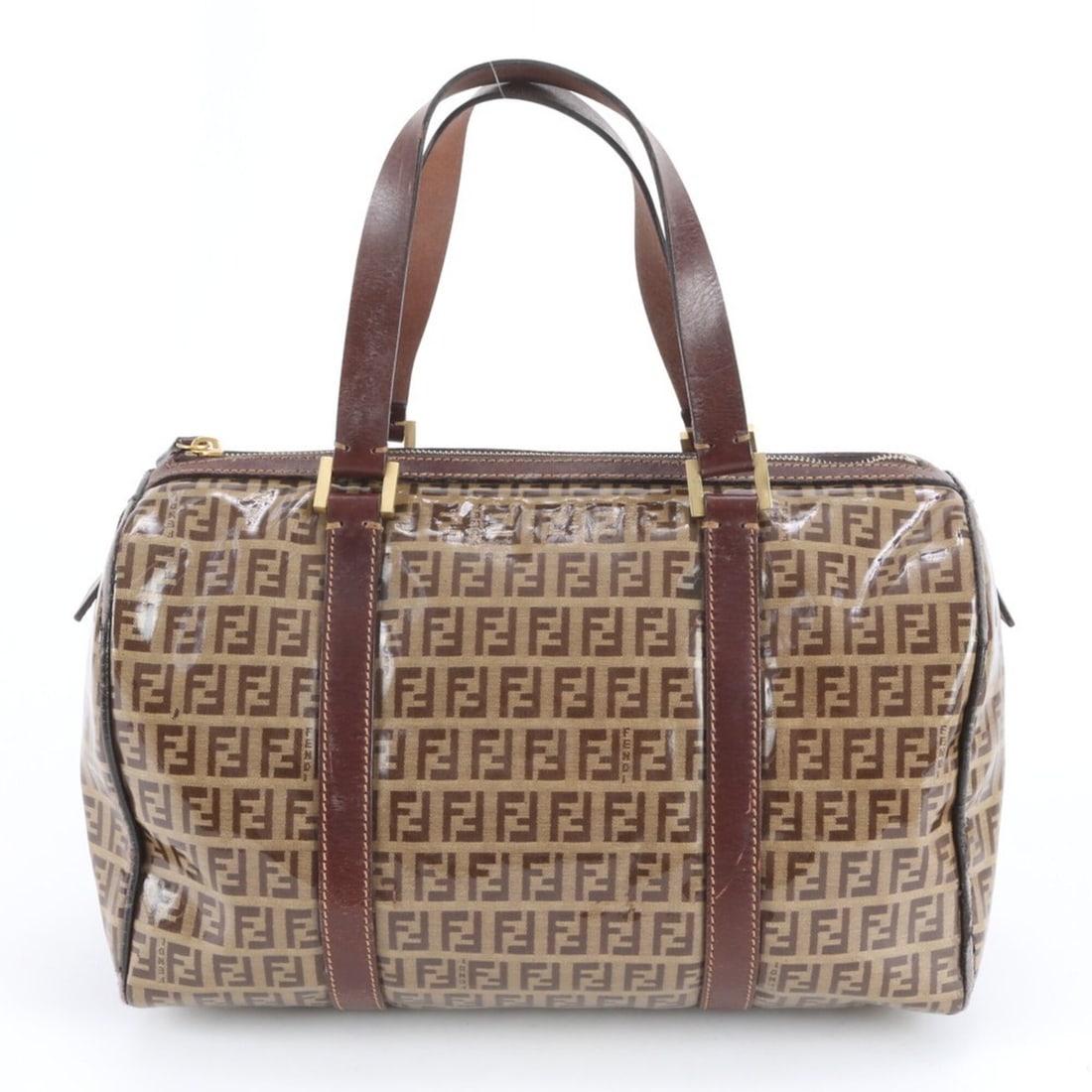 Fendi FF Zucchino 16327 Leather Handbag Mini Boston Tote Bag Brown Women's: --- Catalog ---Category: SizeSize (HxWxD): 20cm x 33cm x 16cm / 7.87'' x 12.99'' x 6.29''Category: DesignType: Boston bag, Handbag, Tote bagColor: Beige, BrownGender: WomenMaterial: Leather , Coated c
