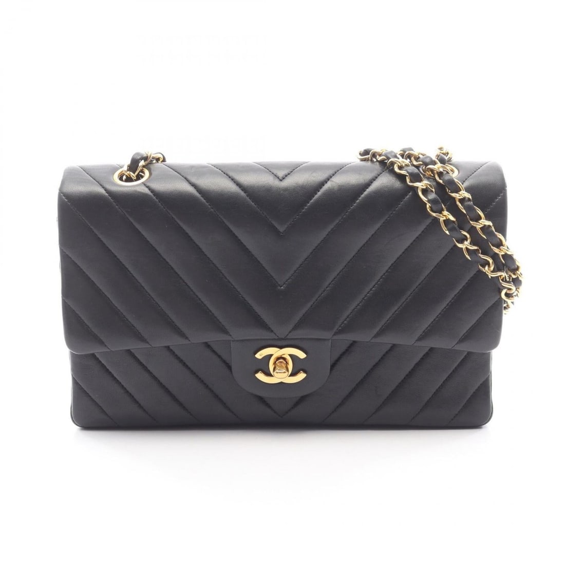 Chanel Chevron V-stitch Double Flap Shoulder Bag/Handbag, Lambskin Leather, Women's, Black: --- Catalog ---Category: SizeSize (HxWxD): 15cm x 25cm x 6.5cm / 5.9'' x 9.84'' x 2.55''Category: DesignType: Handbag, Shoulder bagColor: BlackGender: WomenMaterial: Leather Hardware Color: GoldLeathe