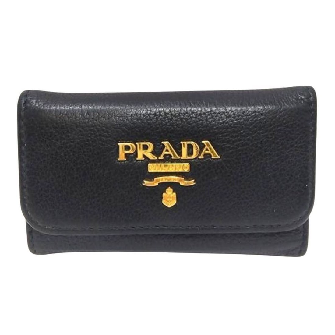 Prada key case, calfskin, 1PG222, black with gold hardware, 6 hooks.: --- Catalog ---Category: DesignType: KeycaseColor: BlackGender: MenMaterial: Leather Leather/Fur Type: CalfskinCategory: GeneralMPN: 1PG222Brand: PradaCategory: Physical PropertiesSize (HxWxD): 6.5cm 