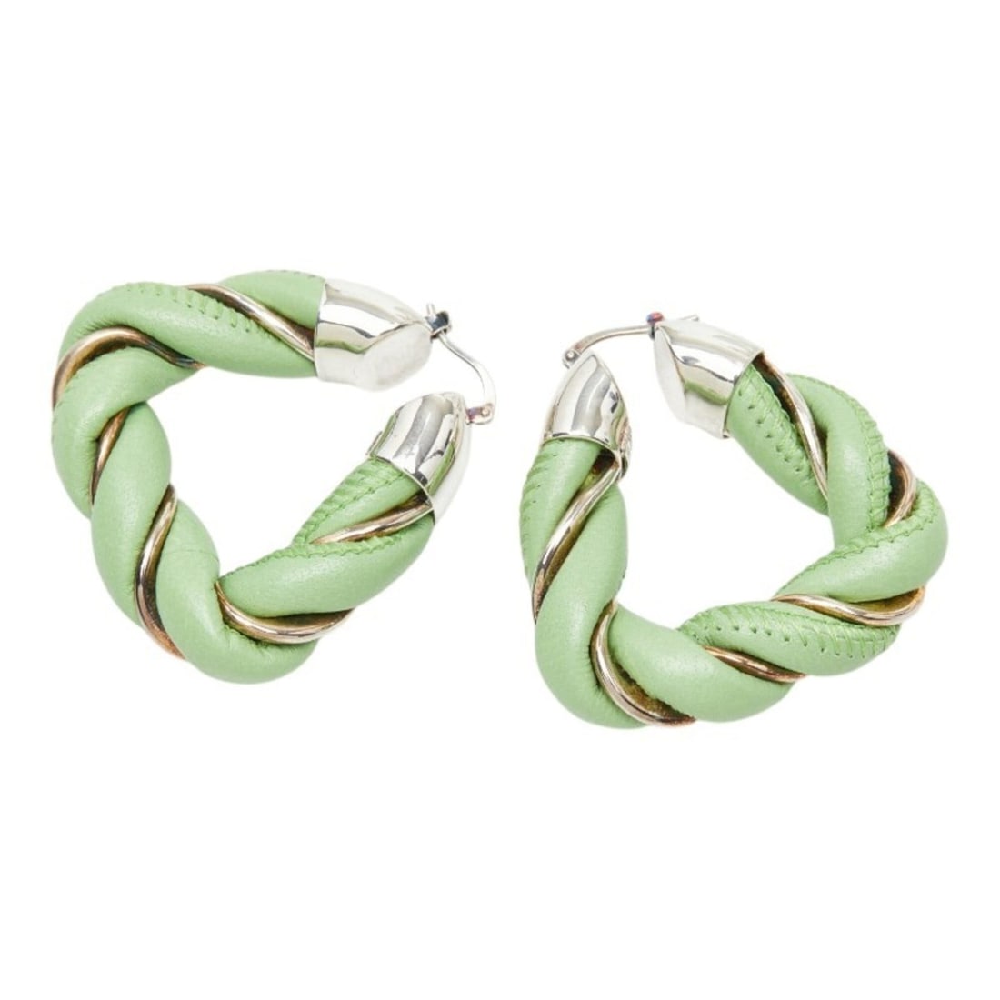 Bottega Veneta Twist Hoop Earrings, Green Leather, SV925 Silver, Women's. (1 of 17)