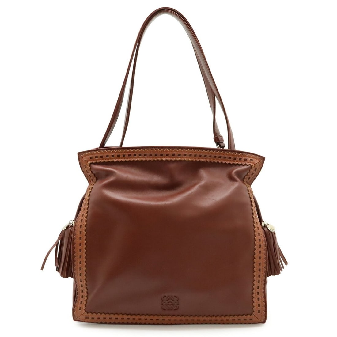 LOEWE Flamenco 30 Anagram Shoulder Bag with Tassel, Leather, Bordeaux Terracotta: --- Catalog ---Category: SizeWeight: 590g / 1.3lb.Size (HxWxD): 28.5cm x 28.5cm x 10cm / 11.22'' x 11.22'' x 3.93''Strap Length: 119cm / 46.85''Category: DesignType: Shoulder bagColor: BordeauxStyle: 