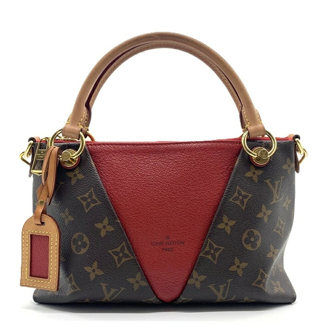 Louis Vuitton V Tote BB Monogram Bag Brown/Red M43966: --- Catalog ---Category: SizeSize (HxWxD): 18cm x 26cm x 10.5cm / 7.08'' x 10.23'' x 4.13''Category: DesignType: HandbagColor: Brown, Cerise, Monogram, Red colorGender: WomenMaterial: Monogram , Leath