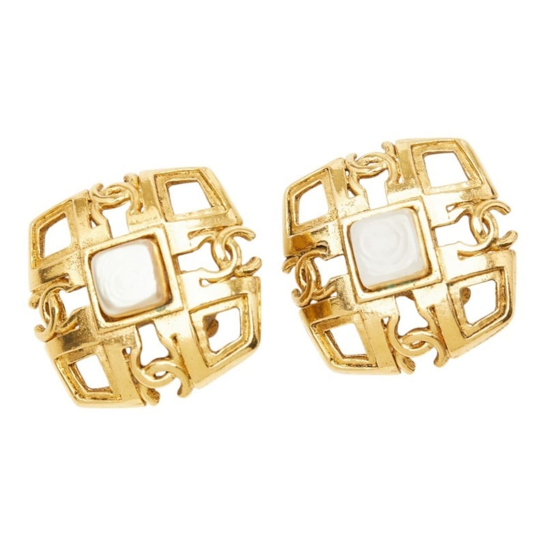 Chanel Coco Mark Square Earrings, 2 & 3 Engraved, Vintage Gold Plated, Faux Pearl, Women's CHANEL (1 of 14)
