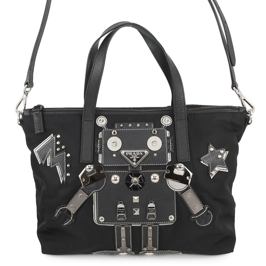 Prada Triangle Robot Nylon Leather Handbag 1BG061 PRADA Black 2-way for Women: --- Catalog ---Category: SizeWeight: 530g / 1.16lb.Size (HxWxD): 24cm x 29.5cm x 17cm / 9.44'' x 11.61'' x 6.69''Strap Length: 116cm - 126cm / 45.66'' - 49.6''Category: DesignType: HandbagColor: Black