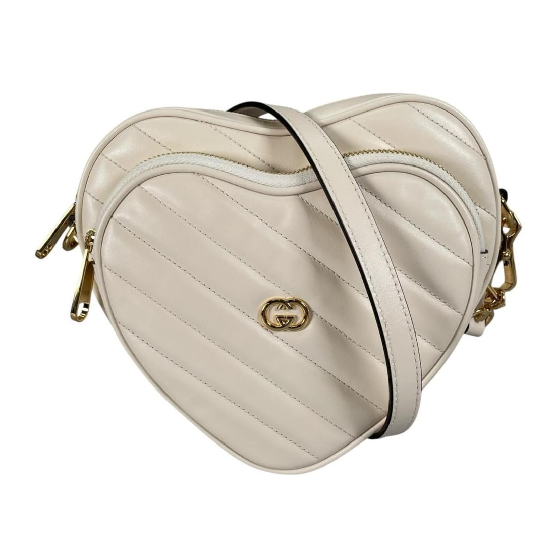 Gucci shoulder bag, heart chain, interlocking G design, leather, 751628, white.: --- Catalog ---Category: SizeWeight: 500g / 1.1lb.Strap Drop: 1.35m / 53.14''Size (HxWxD): 19cm x 22cm x 6.5cm / 7.48'' x 8.66'' x 2.55''Strap Length: 135cm / 53.14''Category: DesignType: Shoulder bag
