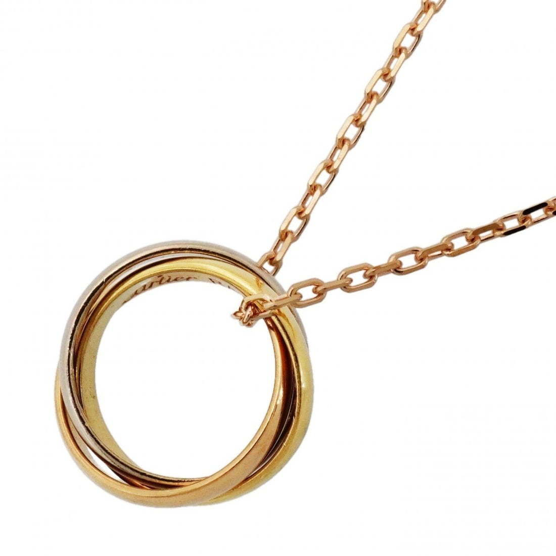 Cartier Baby Trinity Necklace, available in 18K Yellow Gold (KYG), White (18KWG), and Pink (18KPG): --- Catalog ---Category: SizePendant Size: 13.1mm x 12.5mm / 0.51'' x 0.49''Neck Circumference: 39 cm - 42.5 cm / 15.35'' - 16.73''Category: DesignGender: WomenMaterial: Pink gold (18K), White gold (1