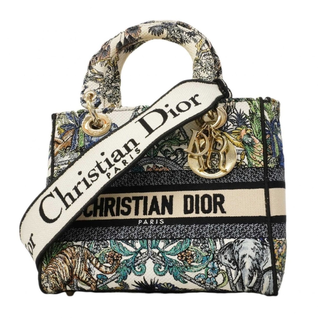 Christian Dior Lady Canvas Handbag, White Multicolor Champagne, 2-way bag for women: --- Catalog ---Category: SizeSize (HxWxD): 20cm x 24cm x 12.5cm / 7.87'' x 9.44'' x 4.92''Category: DesignType: HandbagColor: Multi-color, WhiteGender: WomenMaterial: Canvas Hardware Color: Champagne 