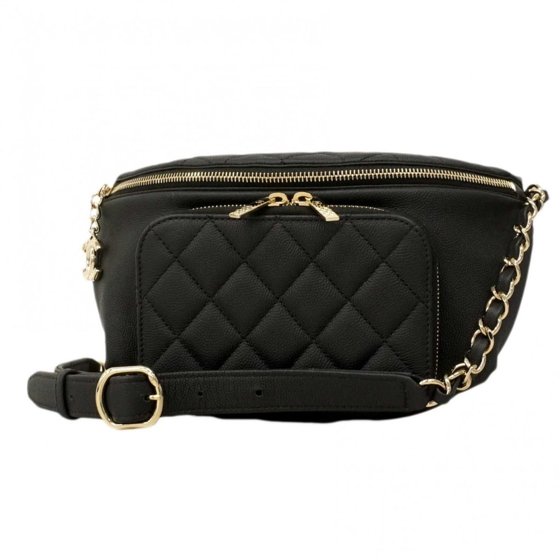 Chanel Matelassé Caviar Leather Waist Bag, Black/Champagne, Women's: --- Catalog ---Category: SizeSize (HxWxD): 15.5cm x 21cm x 8cm / 6.1'' x 8.26'' x 3.14''Category: DesignType: Fanny packColor: BlackGender: WomenMaterial: Grained Calfskin Hardware Color: Champagne go