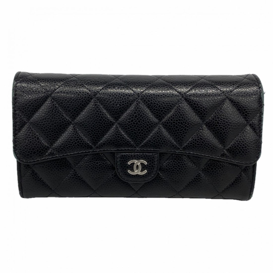 Chanel long wallet, Matelassé caviar leather, black, women's.: --- Catalog ---Category: SizeSize (HxWxD): 10.5cm x 19.5cm x 2.5cm / 4.13'' x 7.67'' x 0.98''Category: DesignType: Long wallet (bi-fold)Color: BlackGender: WomenMaterial: Grained Calfskin Category: Ge