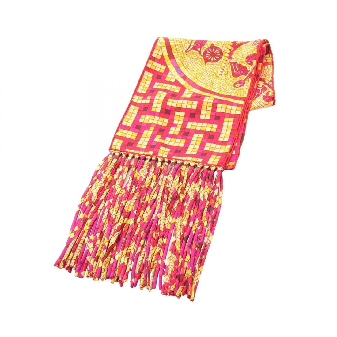Hermes MOSAIQUE AU 24 Fringe Scarf - Silk Scarf/Muffler Women's Pink/Red/Multicolor: --- Catalog ---Category: SizeSize (LxW): 2.02m x 18cm / 79.52'' x 7.08''Category: DesignType: ScarfColor: Multi-color, Pink, Red colorGender: WomenMaterial: Silk Category: GeneralBrand: Hermes--- Item