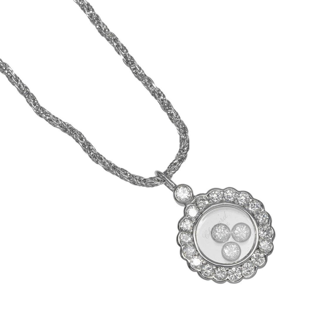 Chopard Happy Diamonds Round Necklace, 18K White Gold, Diamonds, Approx. 8.4g: --- Catalog ---Category: SizePendant Size: 19.5mm x 13mm / 0.76'' x 0.51''Neck Circumference: 42 cm / 16.53''Category: DesignGender: WomenMaterial: White gold (18K)Necklace Type: NecklaceCategory: Gen