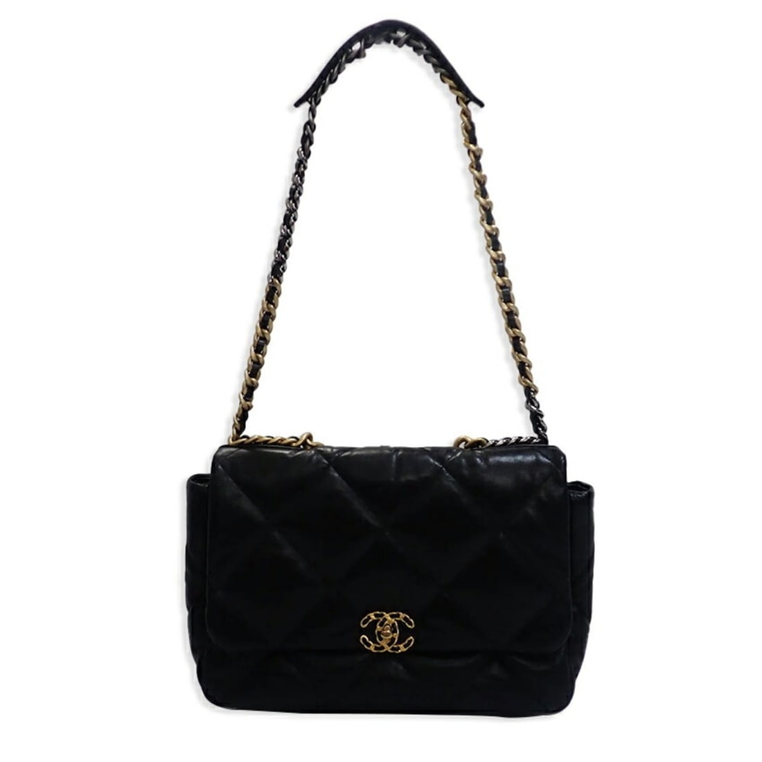 CHANEL Matelassé Lambskin Chain Shoulder Bag (CHANEL19 Black): --- Catalog ---Category: SizeSize (HxWxD): 24cm x 35cm x 11cm / 9.44'' x 13.77'' x 4.33''Category: DesignType: Shoulder bagColor: BlackGender: WomenMaterial: Leather Leather/Fur Type: LambskinCategory