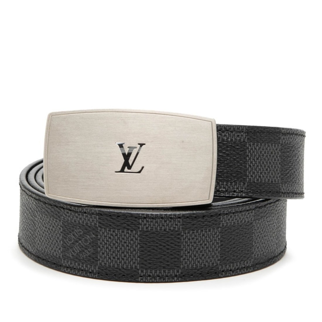 Louis Vuitton Damier Graphite Ceinture LV CUT Belt, Size: 110 44, M9638, Black Leather, Men's, LOUIS: --- Catalog ---Category: SizeLength: 106cm - 115cm / 41.73'' - 45.27''Category: DesignType: Standard beltColor: BlackGender: MenMaterial (Strap): PVC , Leather Category: GeneralMPN: M9638Brand: Louis 