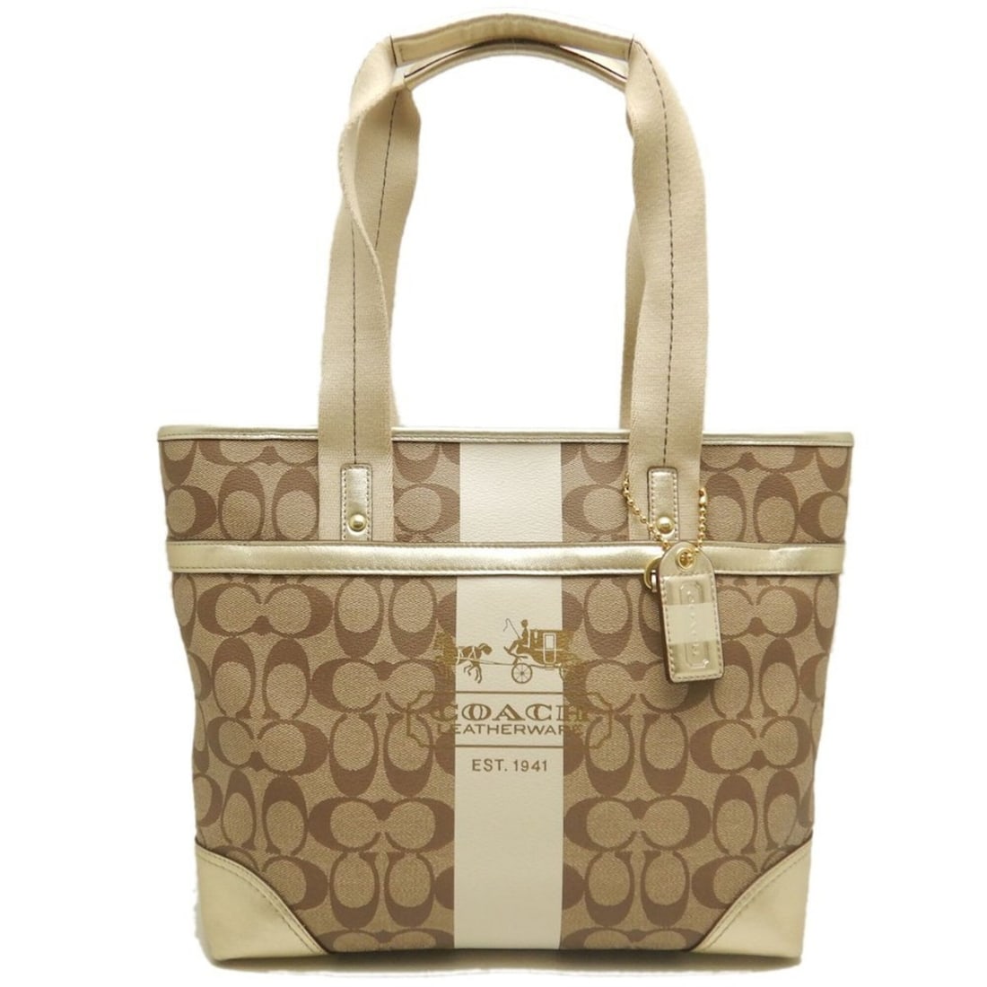 COACH Heritage Signature Stripe Tote 11350 Bag, Coated Canvas x Leather, Beige, Women's, Item No.: --- Catalog ---Category: SizeSize (HxWxD): 25cm x 30cm x 9cm / 9.84'' x 11.81'' x 3.54''Category: DesignType: Tote bagColor: BeigeGender: WomenMaterial: Coated canvas , Leather Category: GeneralMPN: 1
