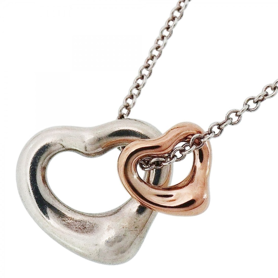 Tiffany & Co. Double Heart Necklace, 18K Pink Gold, Sterling Silver 925, Women's: --- Catalog ---Category: SizePendant Size: 9.8mm x 11.1mm / 0.38'' x 0.43''Neck Circumference: 41 cm / 16.14''Category: DesignGender: WomenMaterial: Pink gold (18K), Silver 925Necklace Type: NecklaceC