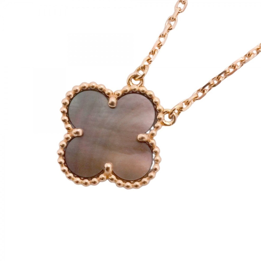 Van Cleef & Arpels Alhambra Necklace, 18K Pink Gold, Grey Shell, Women's: --- Catalog ---Category: SizePendant Size: 15.2mm x 14.9mm / 0.59'' x 0.58''Neck Circumference: 37.5 cm - 41.5 cm / 14.76'' - 16.33''Category: DesignStone: ShellGender: WomenMaterial: Pink gold (18K)N