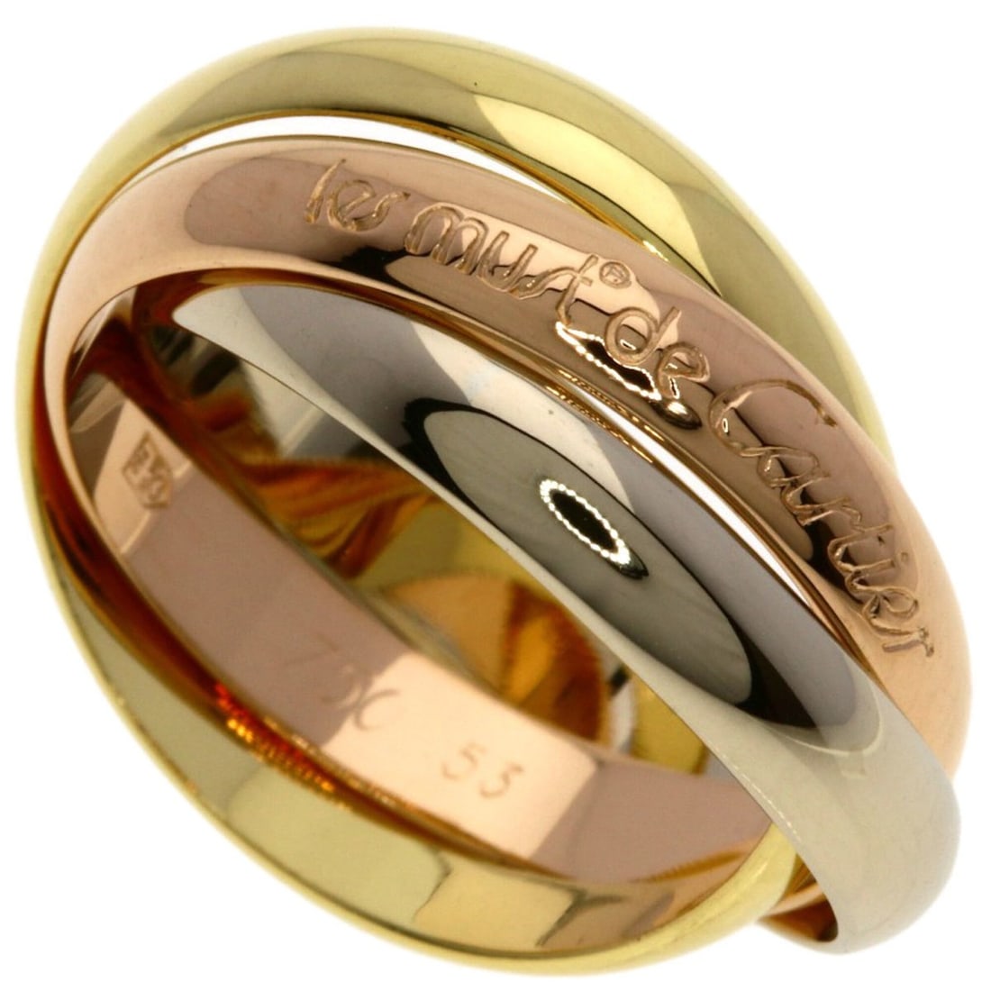 Cartier Trinity #53 Ring - 18K Yellow Gold/18K White Pink Gold Women's CARTIER: --- Catalog ---Category: SizeJP Size: 13US Size: 6.5Category: DesignType: Band ringGender: WomenMaterial: Pink gold (18K), White gold (18K), Yellow gold (18K)Category: GeneralBrand: Cartier--- Item Li