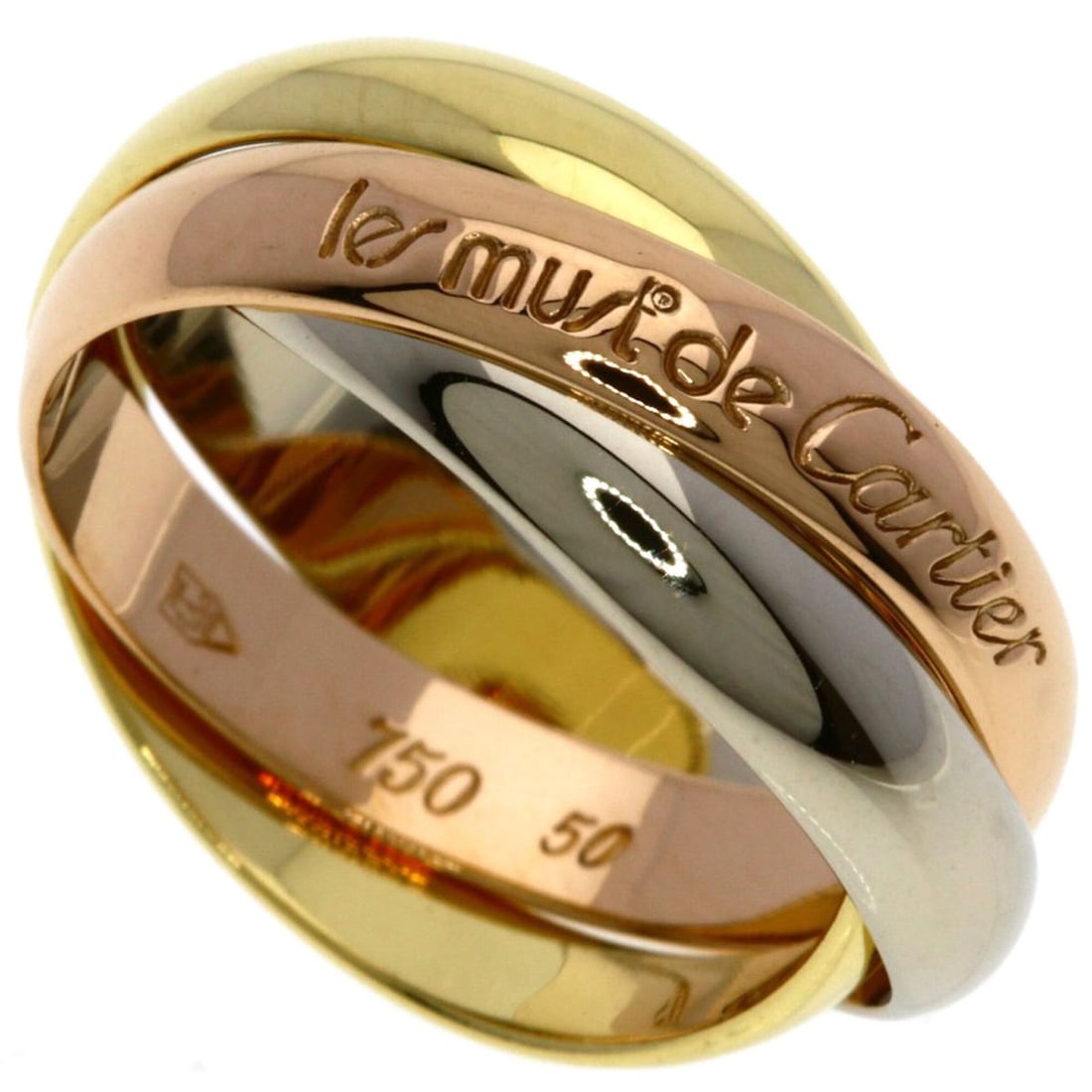 Cartier Trinity #50 Ring - 18K Yellow Gold/18K White Pink Gold Women's CARTIER: --- Catalog ---Category: SizeWidth: 3.3mm / 0.13''Weight: 7g / 0.24oz.JP Size: 10US Size: 5.5Category: DesignType: Band ringGender: WomenMaterial: Pink gold (18K), White gold (18K), Yellow gold (18K)C